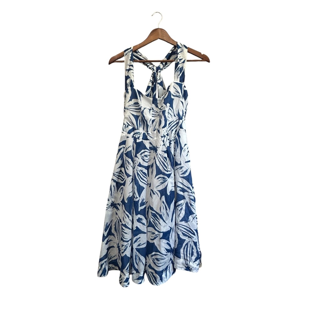 Rafaella Women's Blue White Floral Halter Neck Midi Dress - Size 8‎